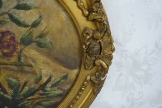 Antique Floral Oil Painting of Flowers Roses in Gold Gilt Oval Frame 2