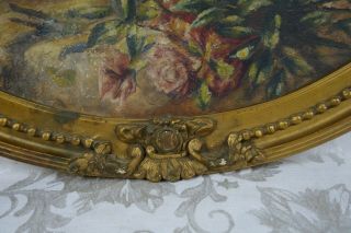 Antique Floral Oil Painting of Flowers Roses in Gold Gilt Oval Frame 3