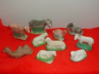 Vtg Mid Century Christmas Manger Nativity Chalkware Chalk 10 Animals