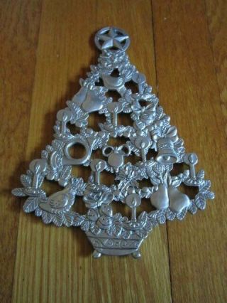 Christmas Tree Pewter Wall Hanging Trivet Vintage Birds Pears Candles