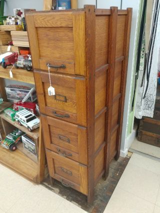 Antique Solid Oak Office Mission Arts & Crafts 4 Drawer File Cabinet - Stunning