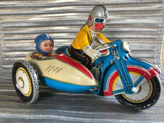 Vintage Ms - 709 China 605 Wind Up Tin Toy Motorcycle With Sidecar
