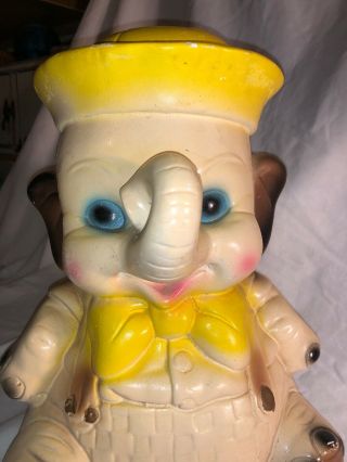 Vintage Carnival Chalkware Elephant Piggy Bank W/ Yellow Bow & Sailor Hat Euc