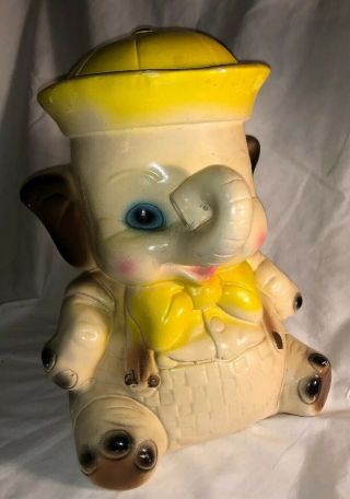 Vintage Carnival Chalkware Elephant Piggy Bank w/ Yellow Bow & Sailor Hat EUC 2