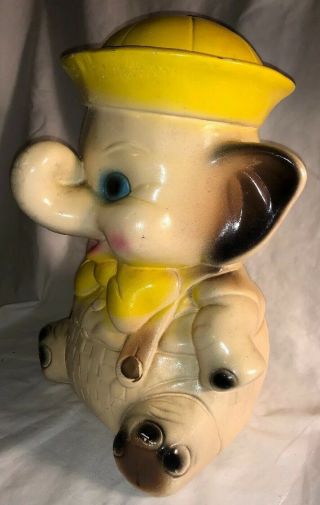 Vintage Carnival Chalkware Elephant Piggy Bank w/ Yellow Bow & Sailor Hat EUC 3