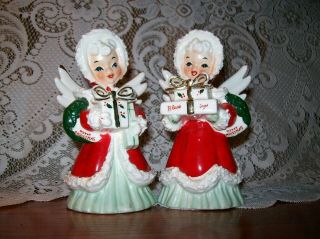 Pair Vintage Napco 1693 Porcelain Christmas Angel Figurines Matched Set Of 2