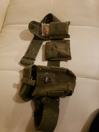 Vintage Us Military Issue Army Green Belts With Accessory Pouches