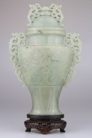 Antique Chinese Carved Jade Vase Cover Wood Stand 19th C Qing