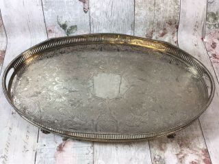 Vintage Silver Plate On Copper Large Serving Tray Oval Ornate Sheffield Steel
