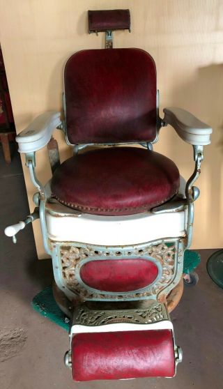 Vintage Antique Theo Kochs Barber Chair W/ Head Rest & Razor Strap " Bc909 "