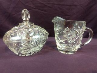 Set Of Vintage Clear Cut Crystal Sugar Bowl With Lid And Creamer