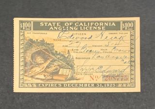 Antique State Of California Angling Fishing License 1923 Los Angeles