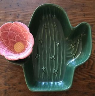 Vintage Treasure Craft Usa Green Cactus Chip Bowl W/ Cactus Flower Dip Bowl Rare