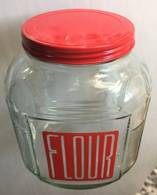 LG Vintage Anchor Hocking Square Glass Ribbed Hoosier Jar Canister Red Lid FLOUR 2