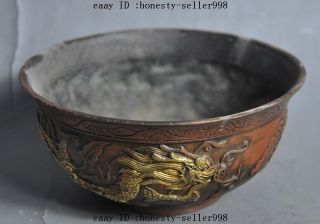 Chinese Dynasty Palace Bronze Gilt Auspicious Dragon Beast Lucky Statue Bowl Cup