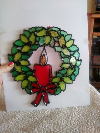 Christmas Wreath Suncatcher Stained Glass Vintage Decoration Candle Bow Plastic