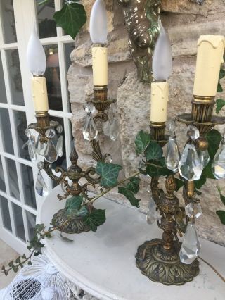 French Vintage Candelabra Pair Lights Or Candles Glass & Brass Detail