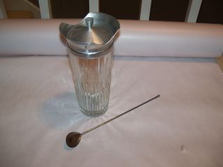 Vintage Thick Glass And Aluminum Cocktail Shaker Barware,  Stir Spoon