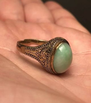 Antique c.  1920 ' s Chinese Silver Gilt Filigree & Jade Ring 3