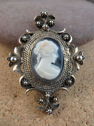 Estate Vintage Black & White Cameo Maiden Lady Seed Pearls Gold - Tone Pin 162