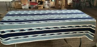 Vintage Crocheted Handmade Afghan Blanket Throw Blue White