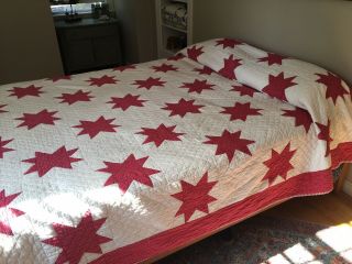 Vintage Antique Red And White Star Quilt King 96” By 105”