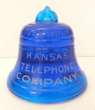 Vintage Blue Glass Bell Paperweight Missouri And Kansas Telephone Company T23