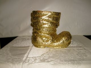 Vtg Paper Mache Cardboard Santa Slouch Boot Gold Glitter Planter/ Candy Holder