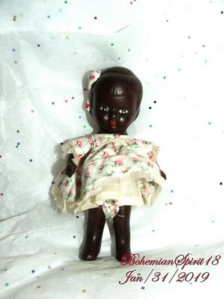 Antique Sign Japan Black Americana Bisque Jointed Arms 4  Miniature Girl Doll