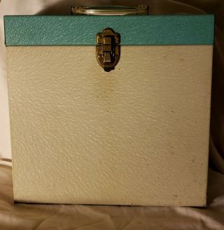 Vintage Metal Lp Record Album Carry Case Storage Box Retro Aqua And White