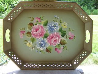Vintage Large Handpainted Nashco Floral Green Metal Tole Tray W/ Lattice Edges