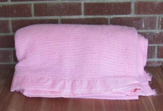 Vintage Acrylic Waffle Weave Blanket Satin Binding Twin Full Pink Usa Wool Blend