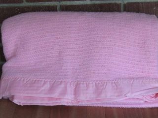 Vintage Acrylic Waffle Weave Blanket Satin Binding Twin Full Pink USA Wool Blend 2