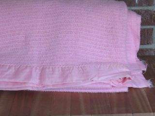 Vintage Acrylic Waffle Weave Blanket Satin Binding Twin Full Pink USA Wool Blend 3