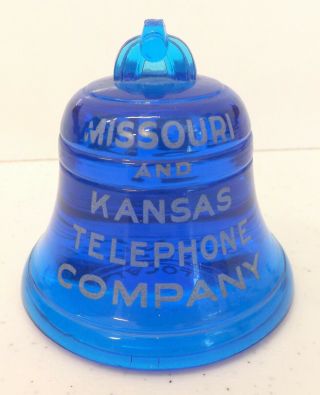 Vintage Blue Glass Bell Paperweight Missouri And Kansas Telephone Company T1
