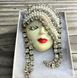 Vintage Rhinestone And Seed Pearl Flapper Face Brooch