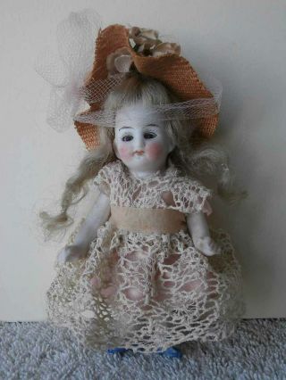 Sweet Antique German French ? All Bisque Mignonette Doll Glass Eyes 4 1/2 "