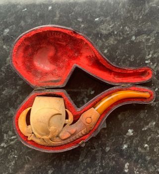 Vitage Eagle Claw Meerschaum Pipe With Amber Stem In Orginal Case