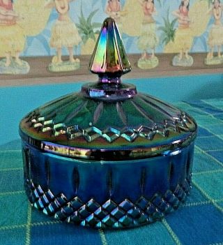 Vtg Blue Iridescent Indiana Carnival Glass With Lid Princess Candy Dish 6” Width