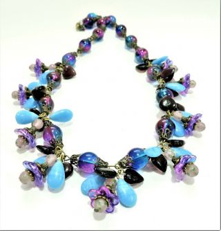 Vintage Blue Purple Pink Flowers Lampwork Art Glass Bead Necklace No19170