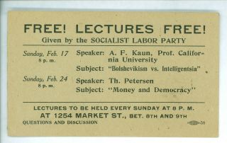 Vintage 1916 - 17 San Francisco Socialist Labor Party Political Lecture Card