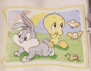 Vtg Baby Looney Tunes Soft Plush Baby Blanket Tweety Bird And Bugs Bunny Lovey