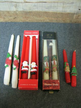 Vintage Christmas Taper Candles 10 " & 6 " Santa Poinsettia Lantern Bell Tree