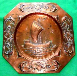 Huge C1900 Art Nouveau Arts & Crafts Copper Charger : Newlyn Ship Design