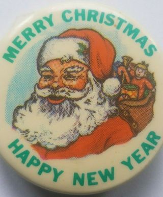 Merry Christmas Happy Year Santa Claus Celluloid Vintage Pinback Pin Button