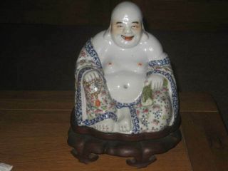 Antique Chinese Famille Rose Budai " Laughing Buddha " With Stand Marked Twice