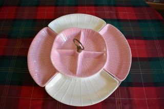 Vintage Rattan Design Pink White California Pottery Lazy Susan Chip Dip Bowl Mcm