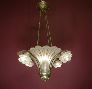 Antique Nickel Silver Art Deco 12 Light Chandelier Foyer Hall Lustre Old Lamp