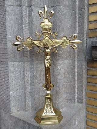 Huge Antique Vintage Heavy Church Altar Standing Fleur De Lis Cross Crucifix