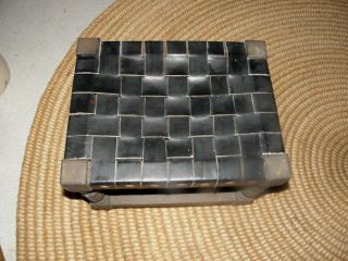 Vintage Small Wooden Foot Stool With Wide Woven Black Leather Top
